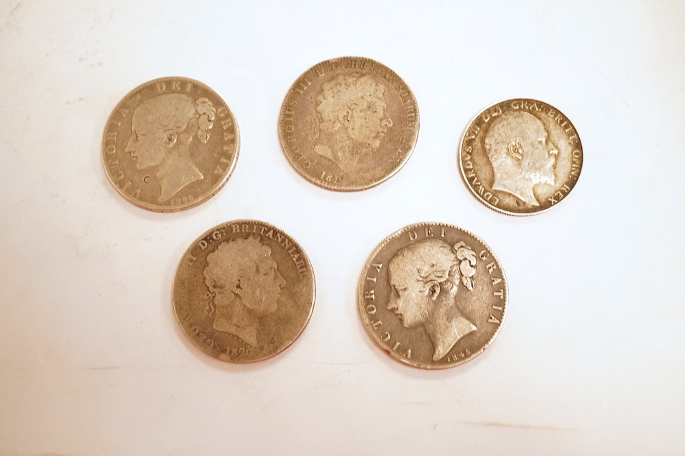 British coins, George III to Edward VII, four crowns, 1819, 1820, two 1845 and Edward VII halfcrown 1910, VF (5)